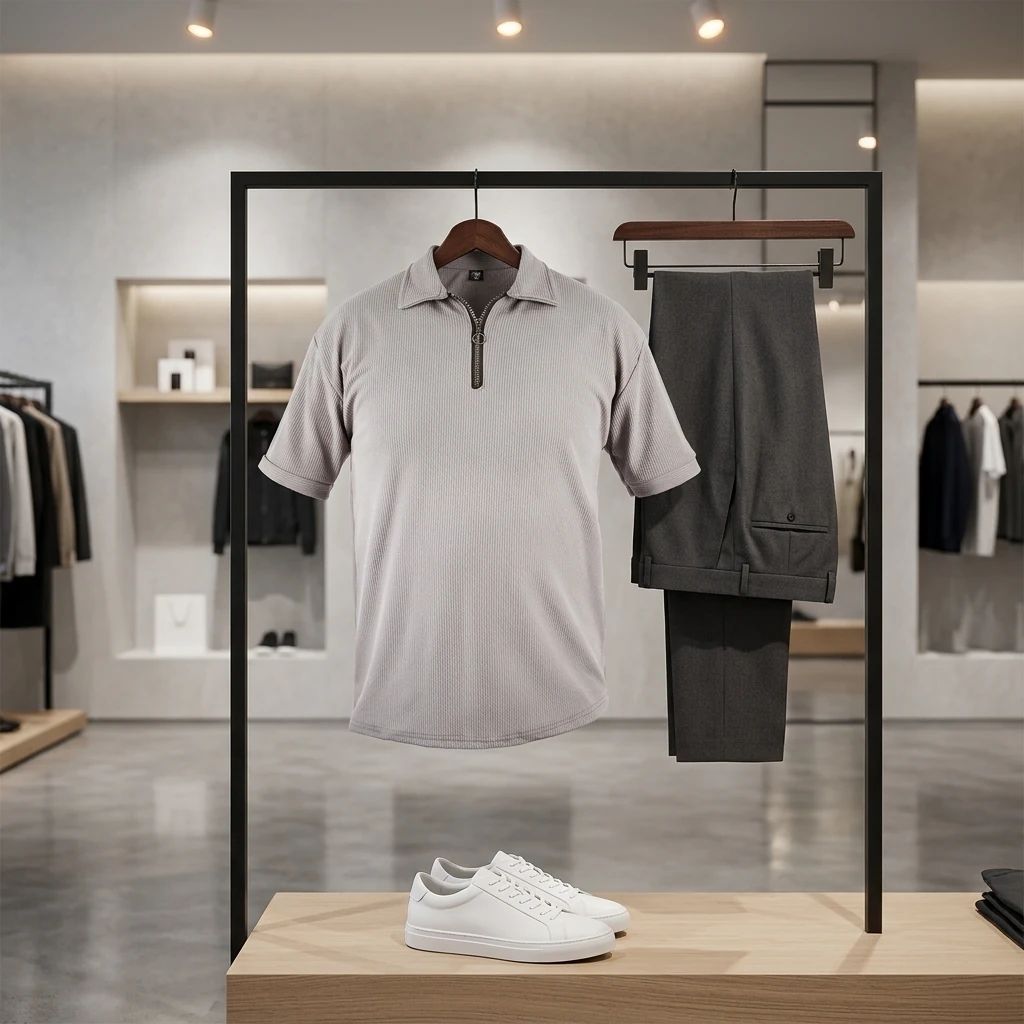 تیشرت مردانه یقه زیپ دار طوسی مدل Arban